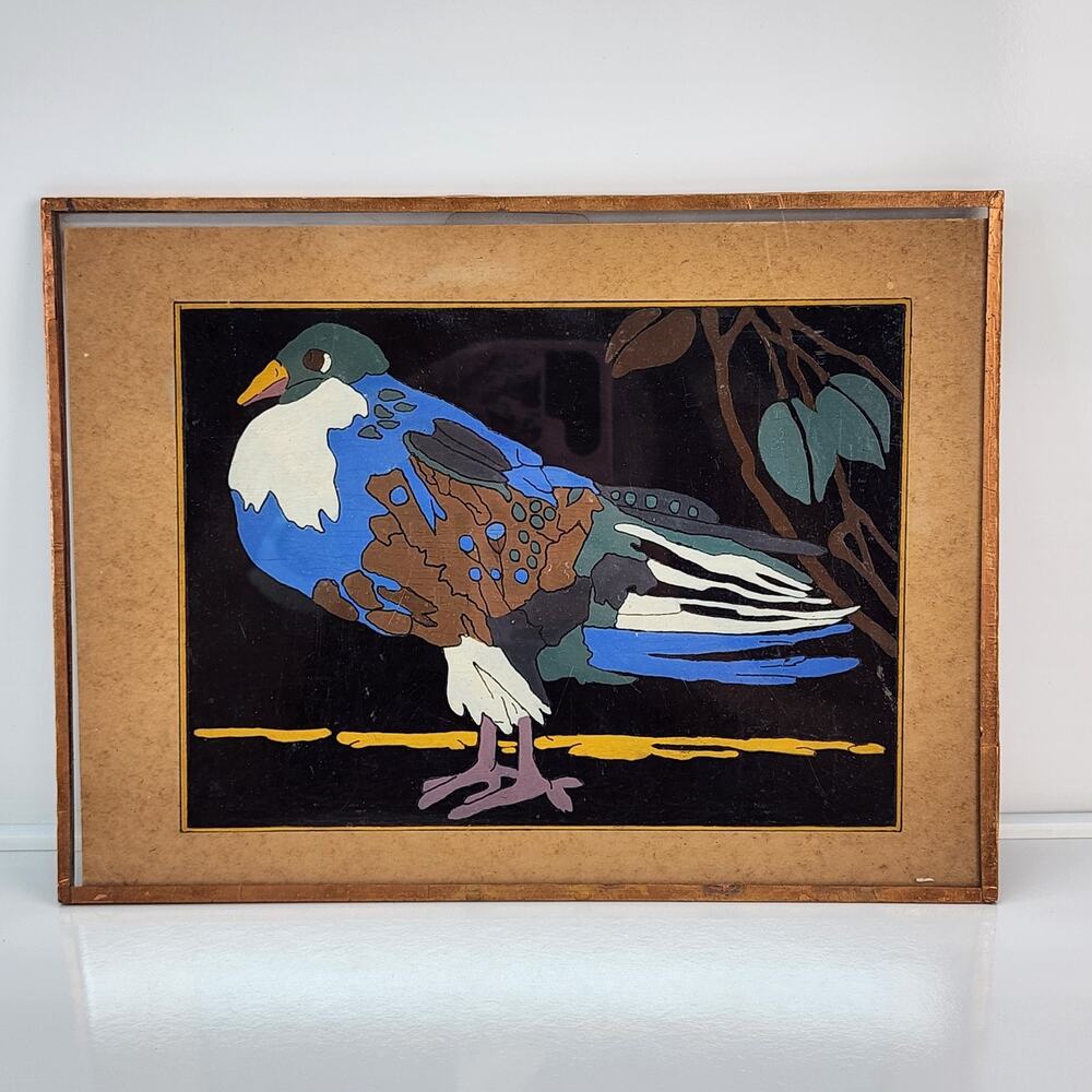 Vintage Homemade Art Pigeon Framed in Copper Paint By Numbers Finished 8"x10.5"